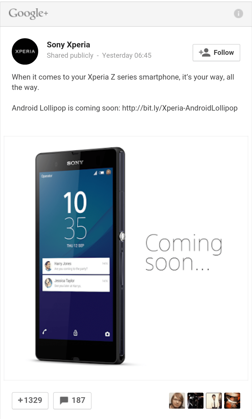 Sony Google+ teases Xperia Z android lollipop