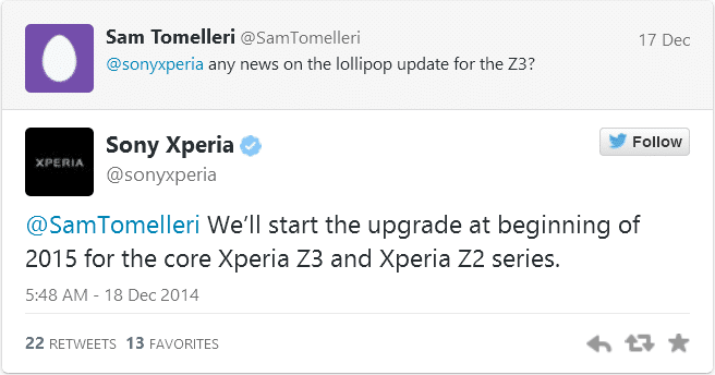 Sony Mobile ยืนยันผ่าน Twitter ต้นปีหน้า Z3 และ Z2 ได้กิน Lollipop แน่